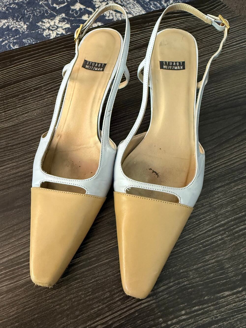 Stuart Weitzman Two-Tone Blue & Brown Leather Pointed Toe Slingback Heels Sz. 7